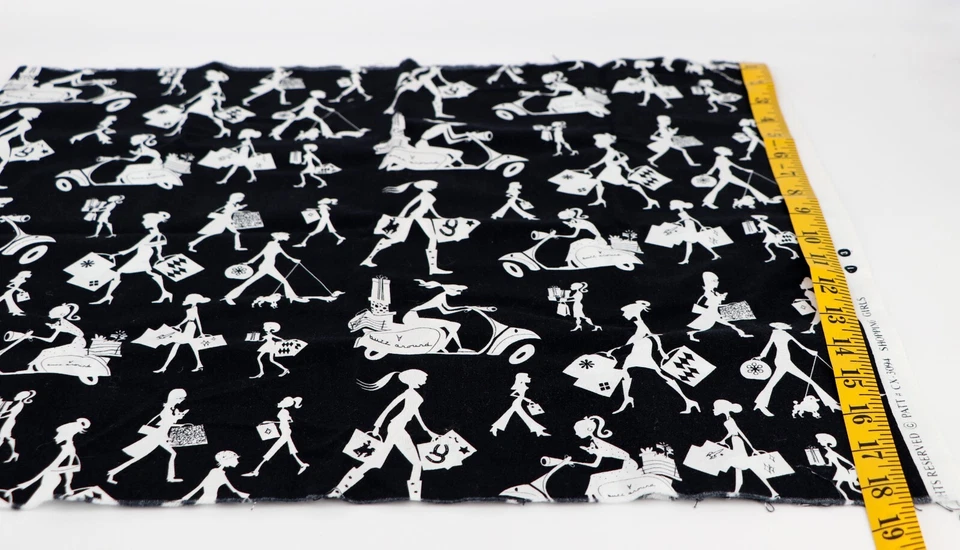 Michael Miller Shopping Girls Vespa Ponytail Boots Retro Dogs Black&White 18x42 - Image 4 of 4