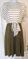 SALE NEW  Merokeety Green White Stripe Elastic Tie Waist Flowy Sleeve Dress SZ M