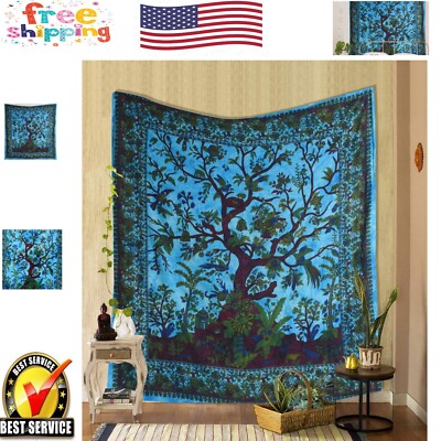 Multi-Functional Cotton Tapestry - Handcrafted Turquoise Tree of Life 60x54 Inch