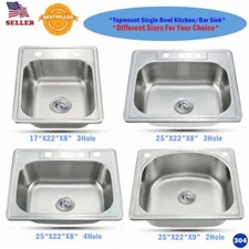 Stainless Steel Topmount Single Bowl Kitchen/Bar Sink Variety Size 20 Gauge New 