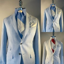 Sky Blue Men's Cotton Blend Suits 2 Pieces Regular Fit 2 Buttons Single Breasted