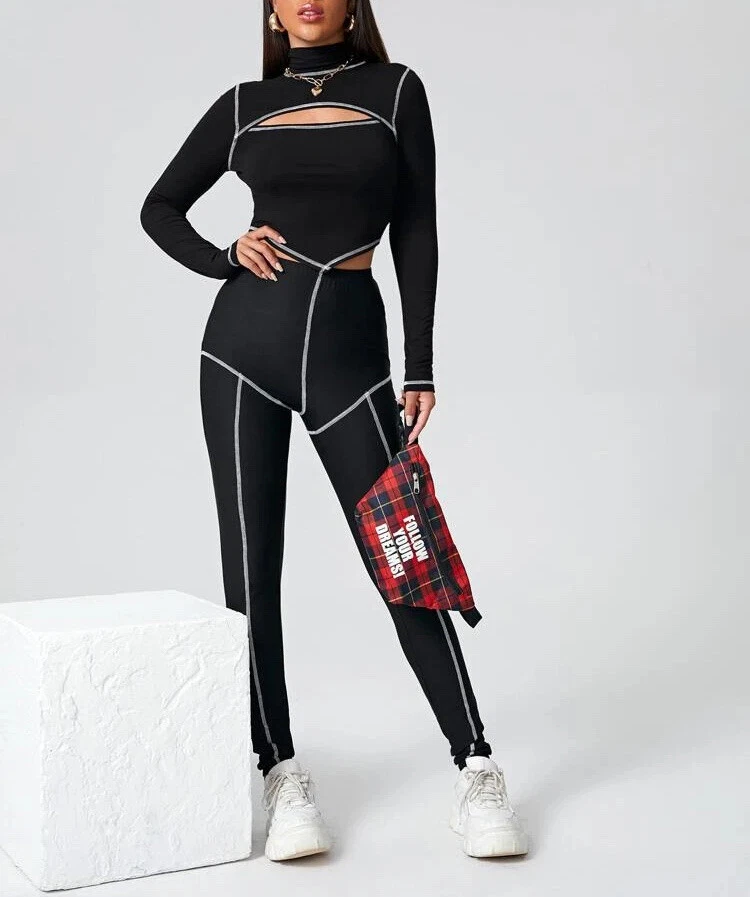 Cheap Gym Summer Fest Sporty Rave Black Tech Wear Contrast Stitch Leggings