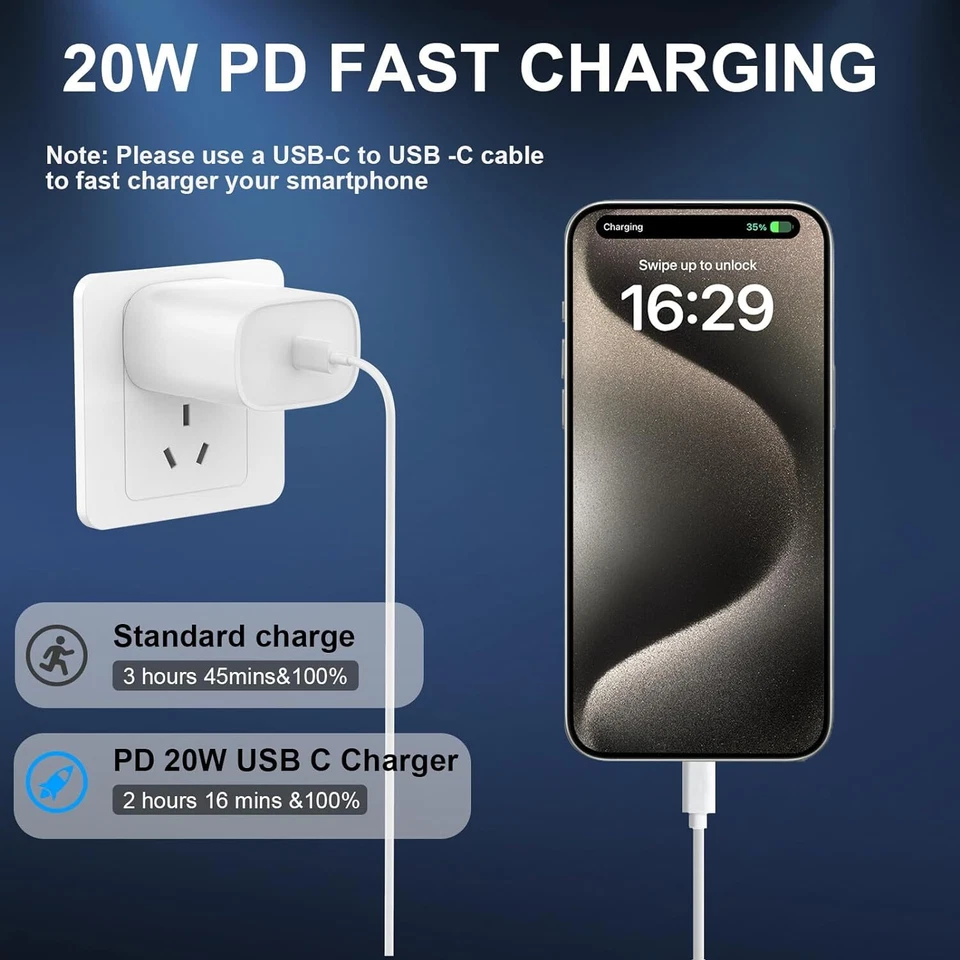 20W USB C Fast Charger PD USB C Cord Type C Power Adapter For iPhone 15 iPad Pro - Image 4 of 4
