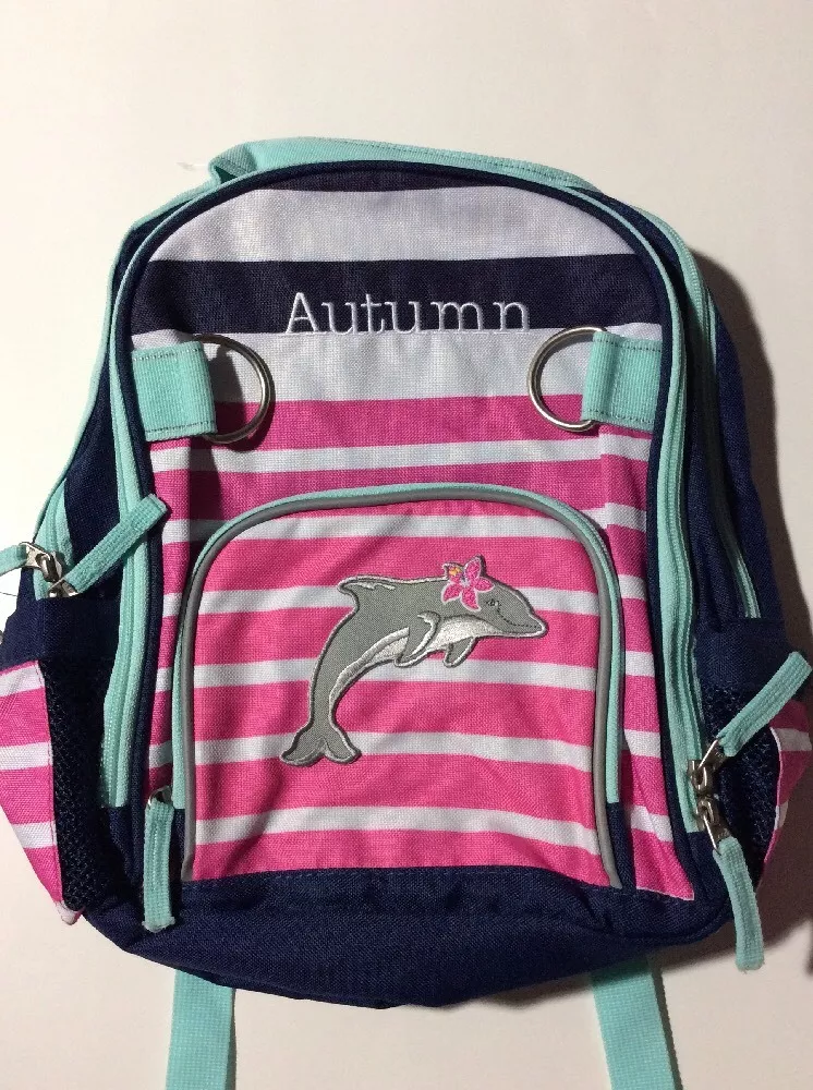 Pottery Barn Kids Small Fairfax Green Blue Striped Pink Backpack name  AUTUMN New | eBay