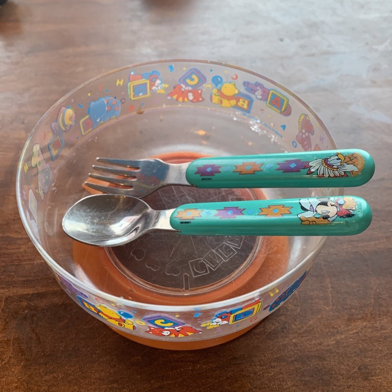 Vintage Disney Donald Duck & Mickey Mouse Spoon Stainless Set & Playtex Bowl