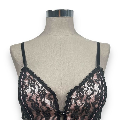 Vtg 90s Lace Corset Style Camisole Cropped Black Pink Coquette Fairy Grunge S/M - Picture 2 of 7