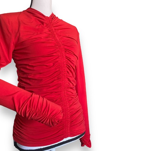 Rachel Parcell Ruched Soft Stretch Top Fits Sz S Red Long Sleeve High V Neck - Picture 4 of 14
