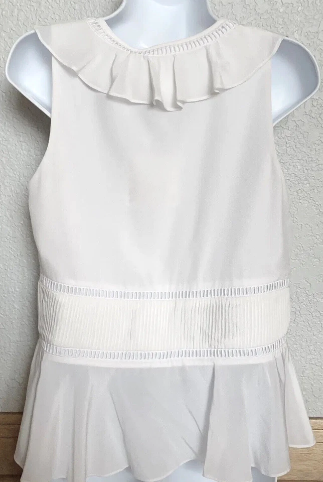 ZAC ZAC POSEN SILK WHITE SLEEVELESS BLOUSE RUFFLE V-NECK SZ US 6 NWT - Image 3 of 4
