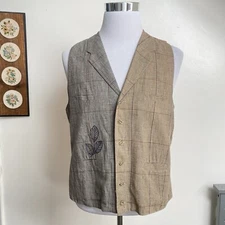 Paul Smith Mens Linen Embroidered Leaf Plaid Cottagecore Waistcoat Vest 2/M