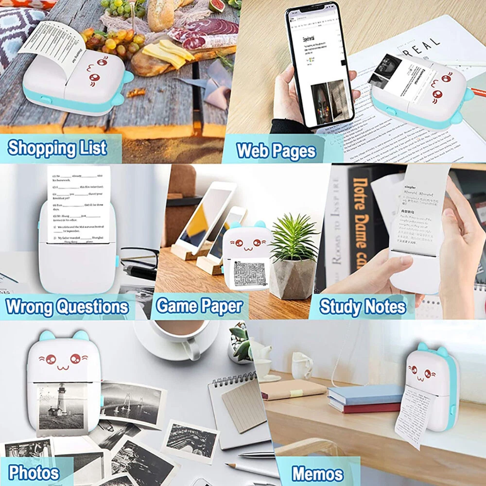 Portable Mini Bluetooth Thermal Printer with 6 Photo Rolls Wireless Pocket-Sized