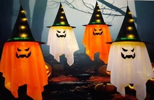 Jenaai 4 Pcs Halloween Hanging Led Glowing Ghost Witch Hats Decoration Outdoor 