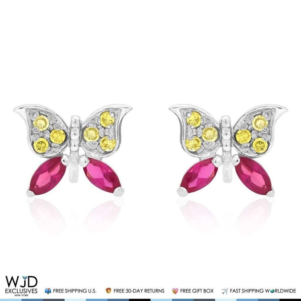 14K White Gold Citrine & Ruby Butterfly Screwback Stud Kids Earrings - Image 3 of 4