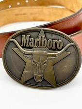 Marlboro Philip Morris Solid Brass Buckle With Genuine Leather Belt 36 VTG 1987