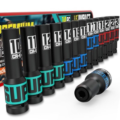 14Piece 1/2'' Drive Impact Socket Set, 1024mm Thicker Deep Sockets with Storag...