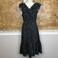 Banana Republic Dress Womens Large Ruffle V Neck Floral Print Black Cottagecore