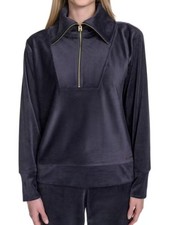 Halston Navy Blue Velour Ribbed Quarter-Zip Pullover Fleece Jacket Gold Hardware
