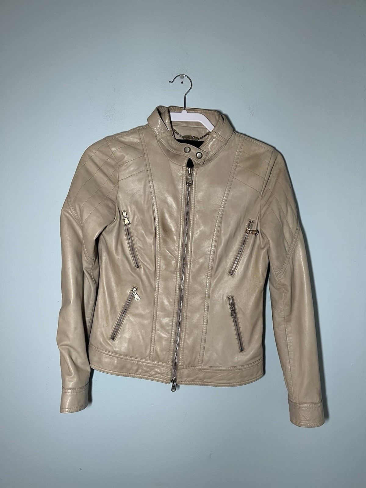 Vtg Y2K Fitted Guess Lambskin Leather Jacket White 90s Biker Rocker Chic S 42