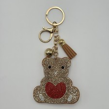 Rhinestone Teddy Bear Keychain Heart Crystal Purse Charm Tassel Key Ring