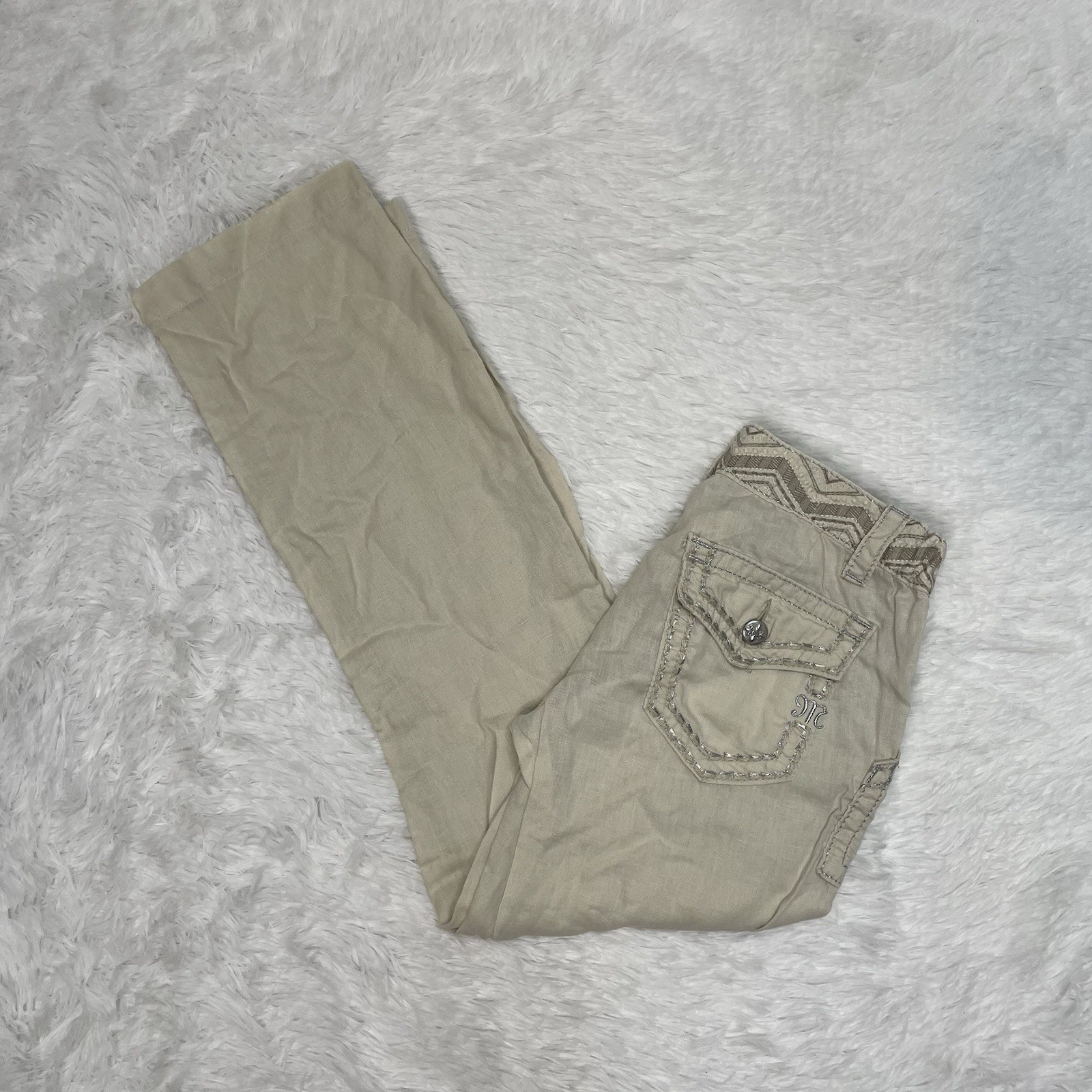 Miss Me Womens Size S Small 100% Linen Cargo Pants Ivory Off White Straight Leg