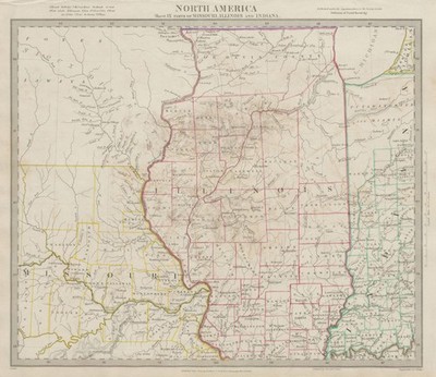 USA. Missouri Illinois Indiana. Indianerstämme, Dörfer & Grenzen. SDUK 1844 Karte