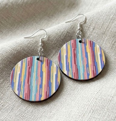 Bunte Retro Streifen Rund Holz Handarbeit Boho Regenbogen Ohrhänger