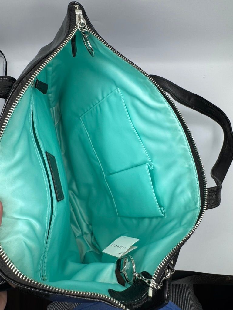 Coach Tote Bag Womens Black Patent Leather Poppy Aqua Lining Zipper Pockets image 7