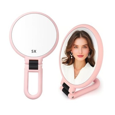 1X 5X Handheld Mirror with Handle for Travel， Magnifying Mirror, Pink