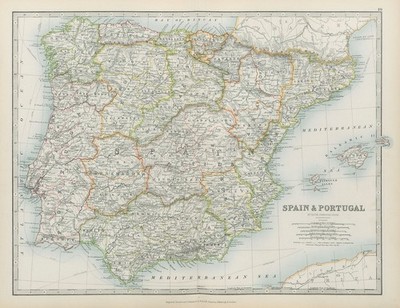 IBERIEN Spanien Portugal Regionen Telegraphenkabel Eisenbahnen JOHNSTON 1901 alte Karte