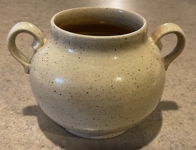 GRES DU MARAIS :: Vintage 2-HANDLED 4  CROCK SUGAR BOWL Speckled Rustic FRANCE