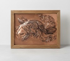 Handcraft Golden Fish On Copper with Wooden Frame Home Decor