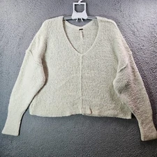 Free People Fuzzy Sweater Women Large Knitted Soft Preppy Off White