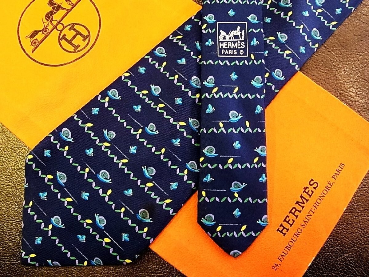 HERMES Neck tie Silk Navy Blue Logo japan seller N1222 18 Made in