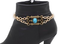 Women Boot Rustic Gold Metal Chain Bracelet Shoe Charm Turquoise Blue Color Bead
