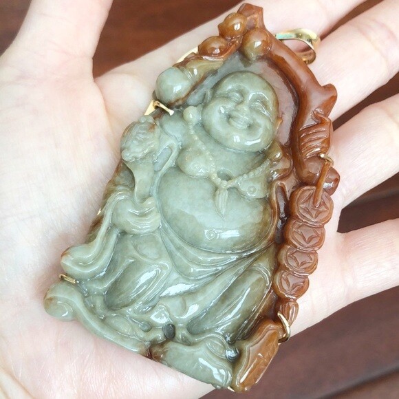 Laughing Buddha Real Red Jadeite Jade 14K Solid Gold Pendant P234