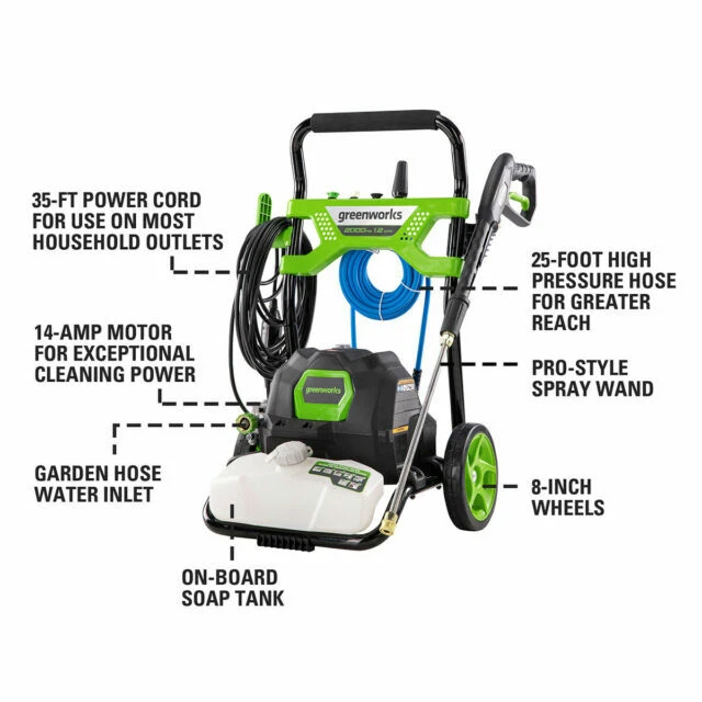 Greenworks 2000 PSI Electric Pressure Washer 1.2 GPM with 25Ft