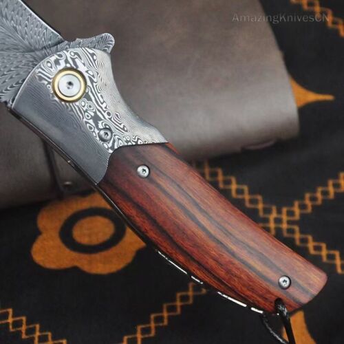 Cuchillo de bolsillo de supervivencia Damasco plumas coleccionables artesanal... - Imagen 6 de 9