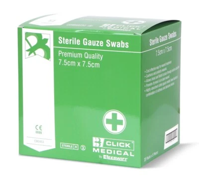 Click Medical Gauze Swabs 7.5cm x 7.5cm Sterile - 100 pack - 20 packs of 5