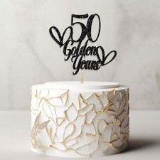 Personalised Cake Topper Wedding Anniversary Glitter Heart Design Golden Year 50