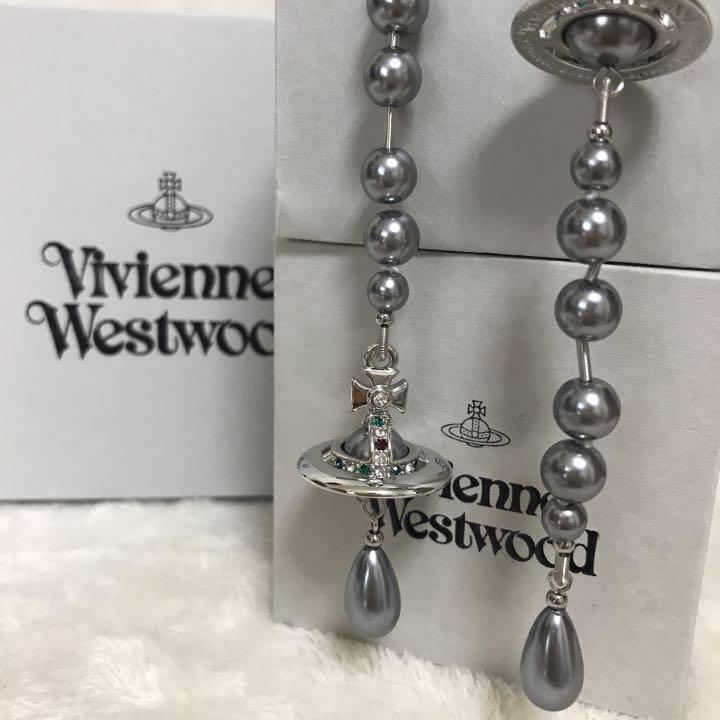 Vivienne Westwood Earrings Long Orb Broken Pearl Gray NO BOX
