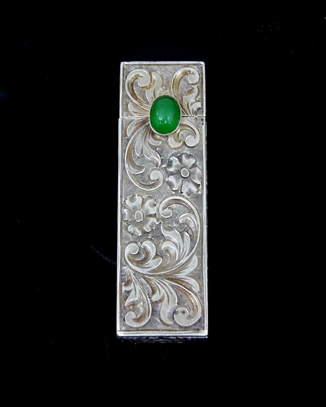 Vintage European 800 Silver Lipstick Holder w/ Latch Mirror Green Stone 2.25"