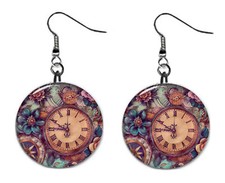3D Looking Steampunk Clock Button Earrings Jewelry 1" Dangle MADE IN USA NEW