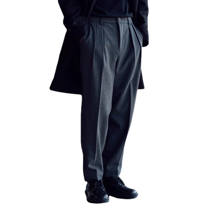 Mens Retro Tweed Suit Pants Loose Pleated Casual Business