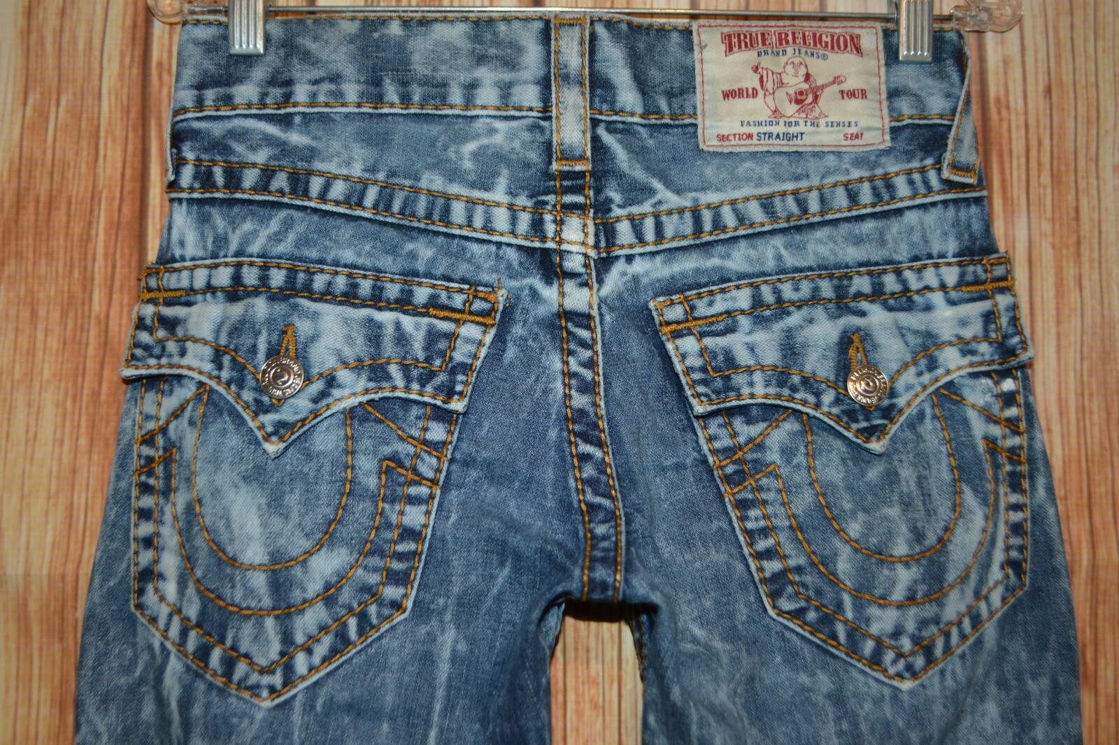 True Religion Women's Straight Red Orange Big T Pocket Flaps Blue Jeans Sz 27x33 thumbnail 7