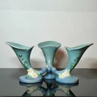 Roseville Pottery Blue White Rose Cornucopia Vases