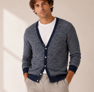 VNECK BRAND Cardigan Navy Blue Textured Men Sz M Grandpa Core Preppy Coastal EUC