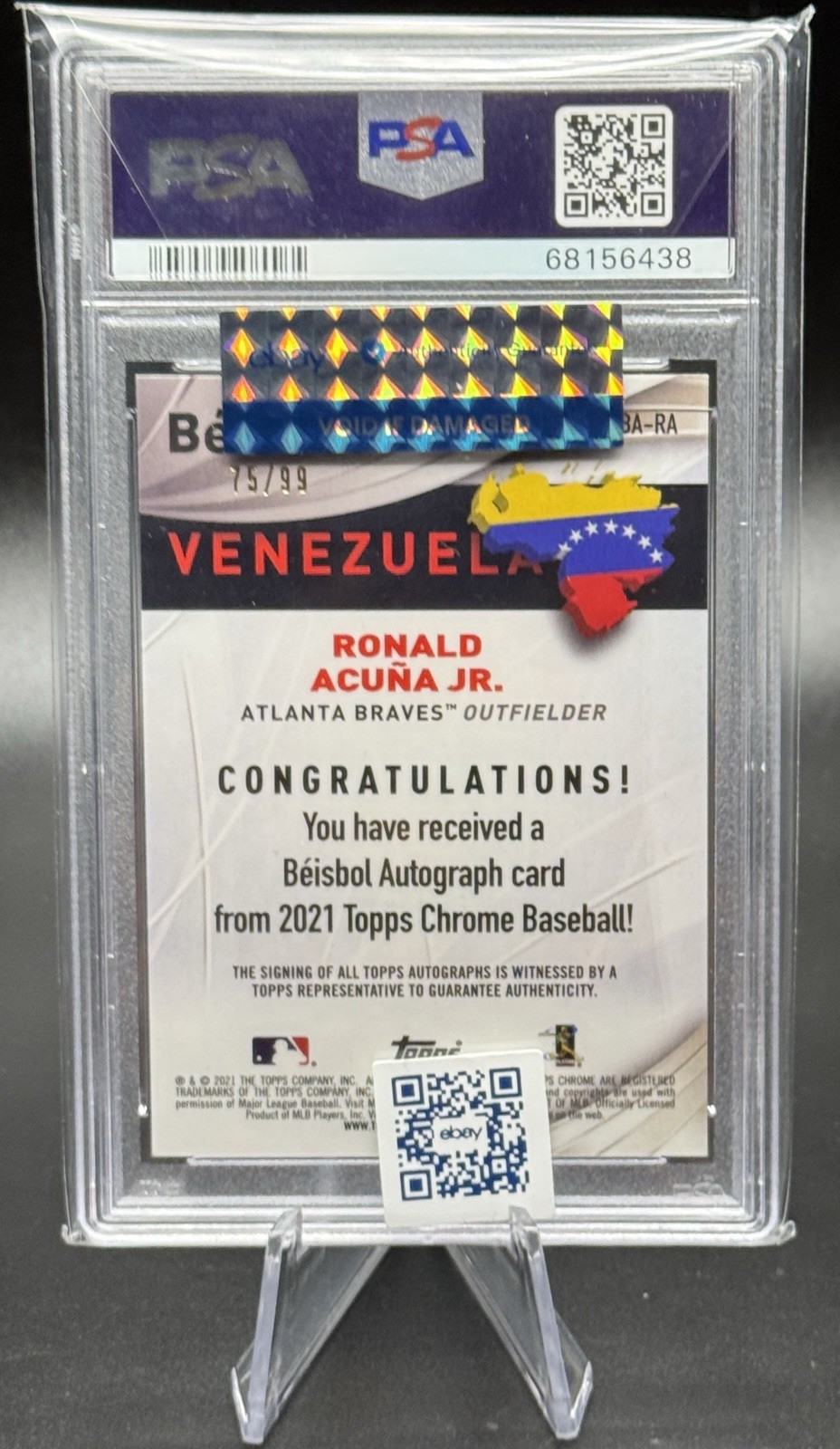 2021 Topps Chrome RONALD ACUNA JR #BA-RA Béisbol Autograph /99 *PSA 10 AUTO 9*!! view 2