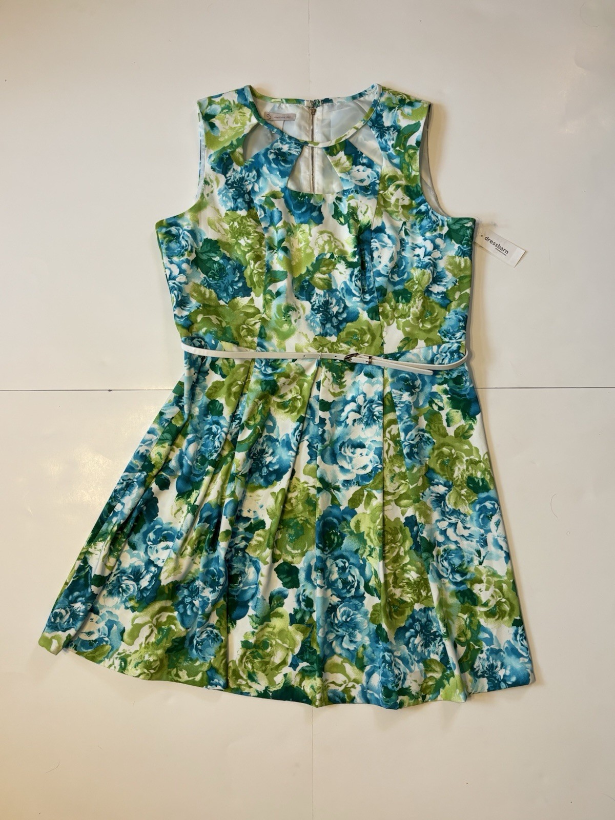 Dressbarn Dress Size 16 Blue Green Floral Sleeveless Pleated Fit & Flair + Belt