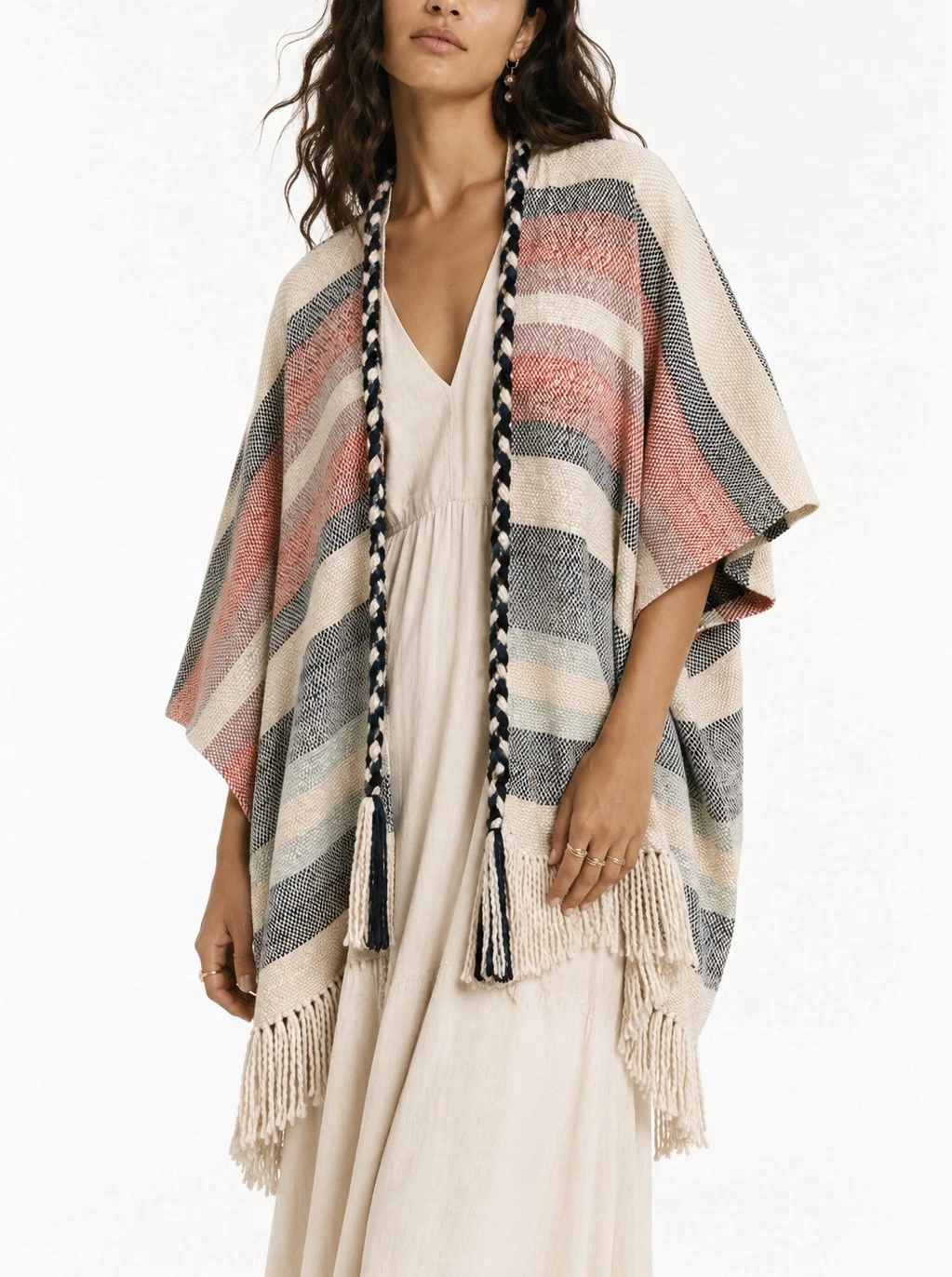 Ulla Johnson 100% Cotton Handmade Striped Ruana Poncho One Size Coastal Boho