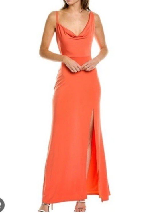 Shelli Segal Laundry Maxi Dress 10 Coral Orange Cowl Neck Stretchy NEW
