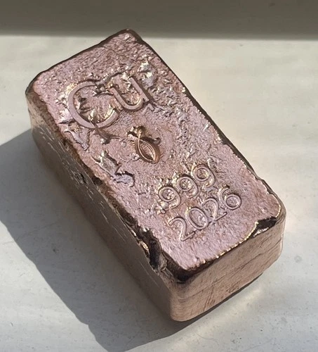 3 Oz. Plus Copper Bullion Bar .999 Fine- Hand Poured